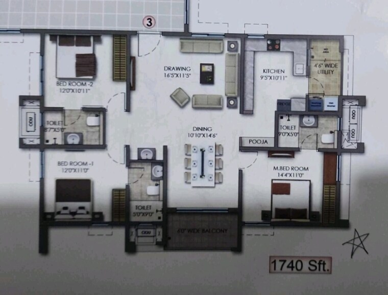 Floor Plan, aparna-sarovar-zicon 3 Bedroom 1740 Sq.Ft. Apartment In Nallagandla Hyderabad 9212720