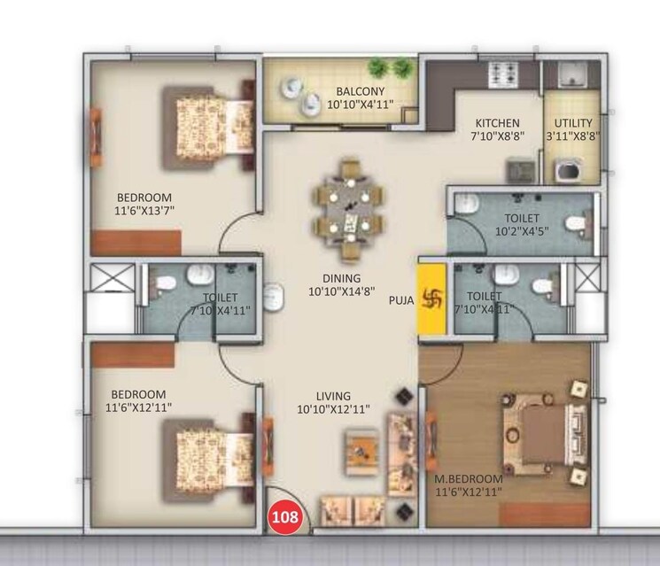Floor Plan, trendsquares-ambience 3 Bedroom 1550 Sq.Ft. Apartment In Thanisandra Main Road Bangalore 9214145