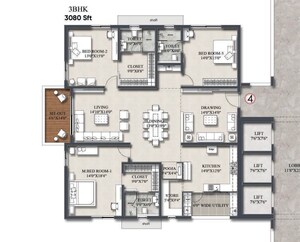 Floor Plan in 3 BHK Apartment at Rajapushpa Infina, Manchirevula – for Sale