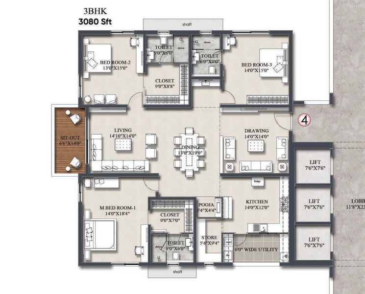 Floor Plan, rajapushpa-infina 3 Bedroom 3080 Sq.Ft. Apartment In Manchirevula Hyderabad 9217524