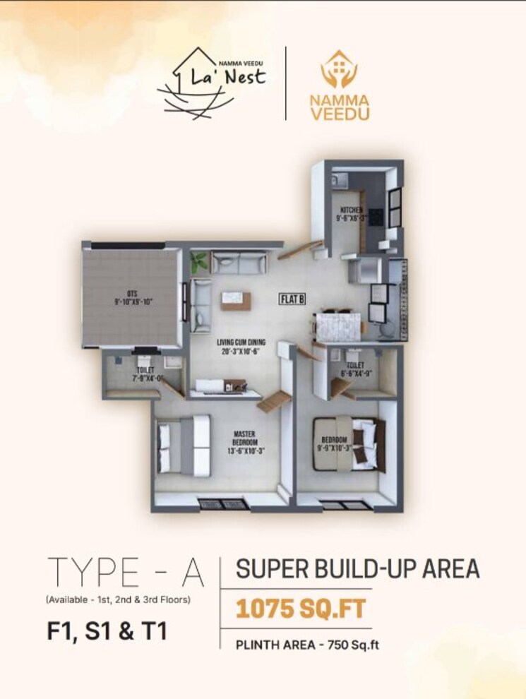 Floor Plan, reddiarpalayam 2 Bedroom 1075 Sq.Ft. Apartment In Reddiarpalayam Pondicherry 9221507