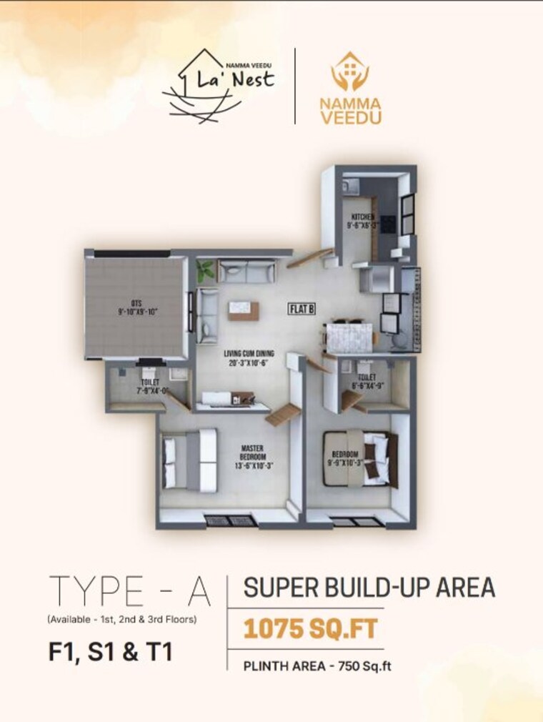 Floor Plan, reddiarpalayam 2 Bedroom 1075 Sq.Ft. Apartment In Reddiarpalayam Pondicherry 9221507