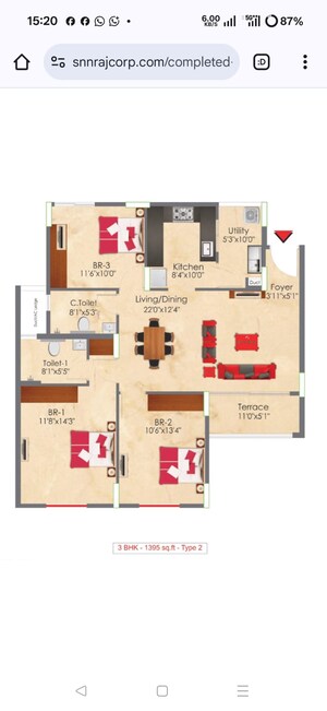 Floor Plan in 2.5 BHK Apartment at SNN Raj GreenBay, Electronic City Phase ii – for Sale