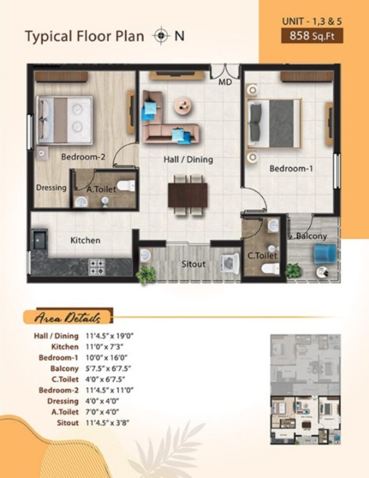 Floor Plan, karumandapam 2 Bedroom 858 Sq.Ft. Apartment In Karumandapam Trichy 9137051