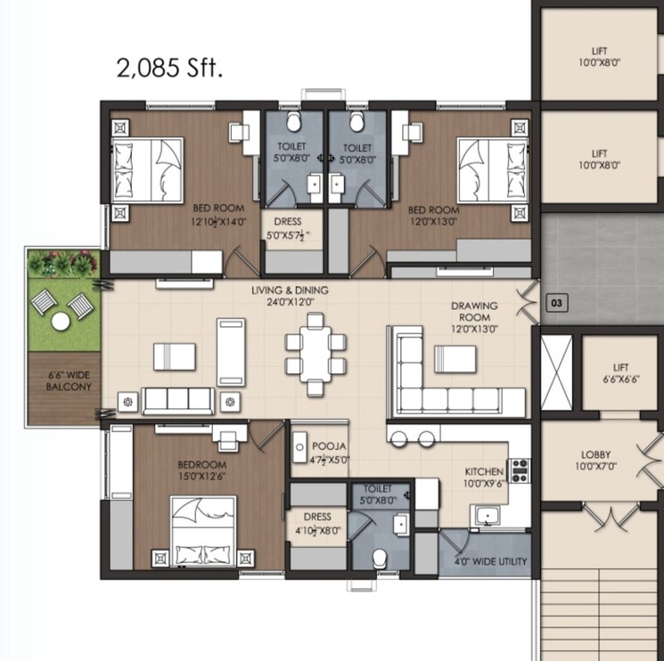 Floor Plan, srr-sriram-river-view 3 Bedroom 2085 Sq.Ft. Apartment In Narsingi Hyderabad 9232086