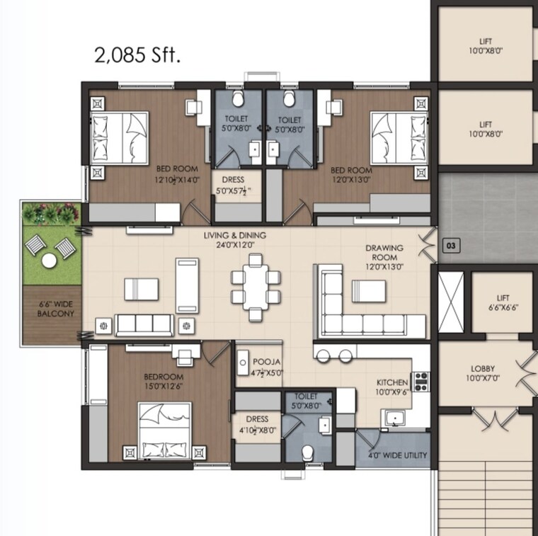 Floor Plan, srr-sriram-river-view 3 Bedroom 2085 Sq.Ft. Apartment In Narsingi Hyderabad 9232086