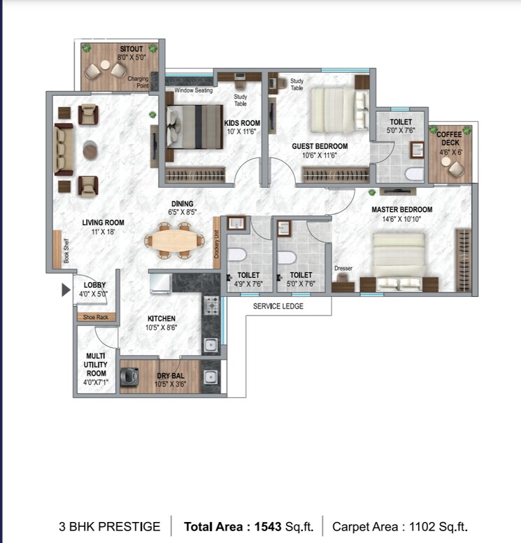 Floor Plan, krisala-41-luxovert 3 Bedroom 1102 Sq.Ft. Apartment In Tathawade Pune 9232216