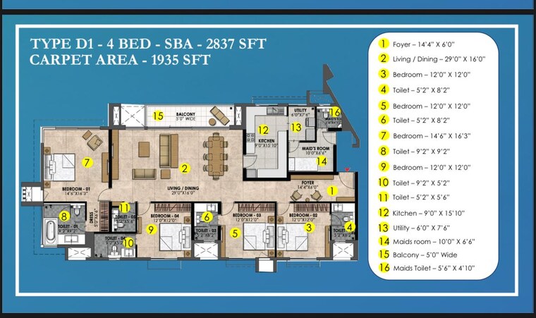 Floor Plan, prestige-fairfield 4 Bedroom 2837 Sq.Ft. Apartment In Rmv 2nd Stage Bangalore 9232464