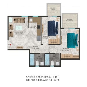 Floor Plan in 2 BHK Apartment at Pareena Om Apartments, Sector 112 – for Rent
