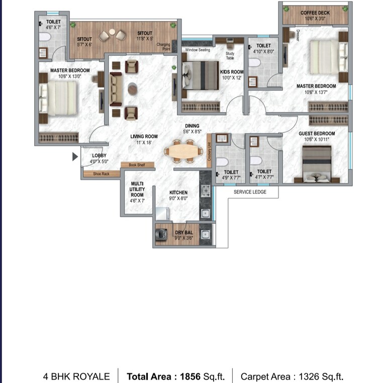 Floor Plan, krisala-41-luxovert 4 Bedroom 1326 Sq.Ft. Apartment In Tathawade Pune 9236154