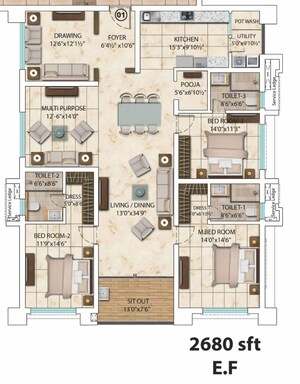 Floor Plan in 3 BHK Apartment at My Home Bhooja, Hi Tech City – for Sale