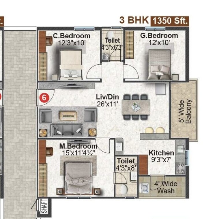Floor Plan, fortune-green-homes-sapphire 3 Bedroom 1350 Sq.Ft. Apartment In Tellapur Hyderabad 9237636