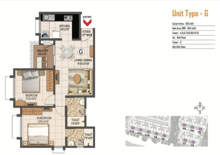 Floor Plan, prestige-primrose-hills 2 Bedroom 631 Sq.Ft. Apartment In Banashankari 6th Stage Bangalore 9247292