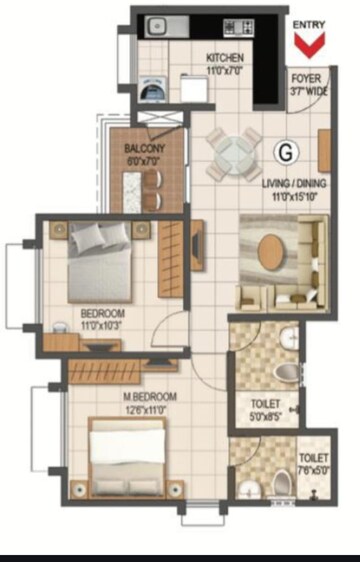 Floor Plan in 2 BHK Apartment at Prestige Primrose Hills, Banashankari 6th Stage – for Sale
