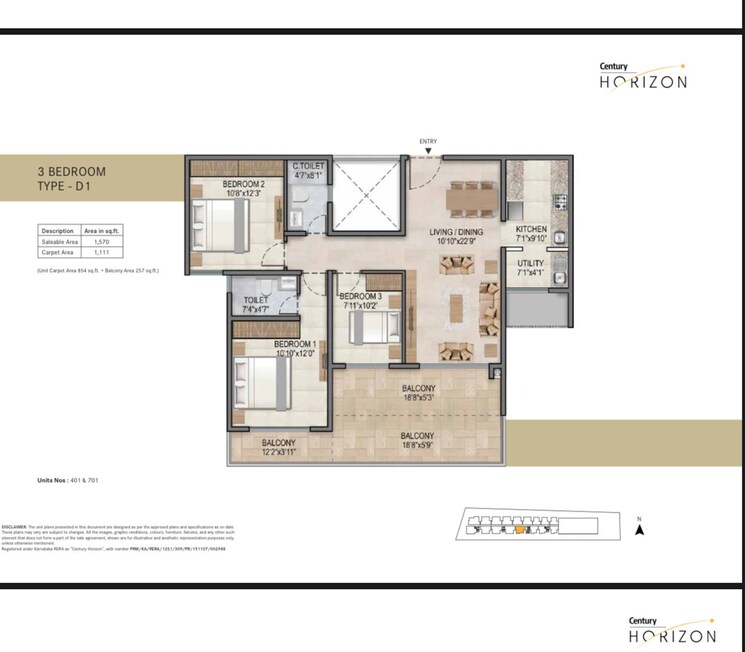 Floor Plan, century-horizon 3 Bedroom 1570 Sq.Ft. Apartment In Jakkuru Bangalore 9248818