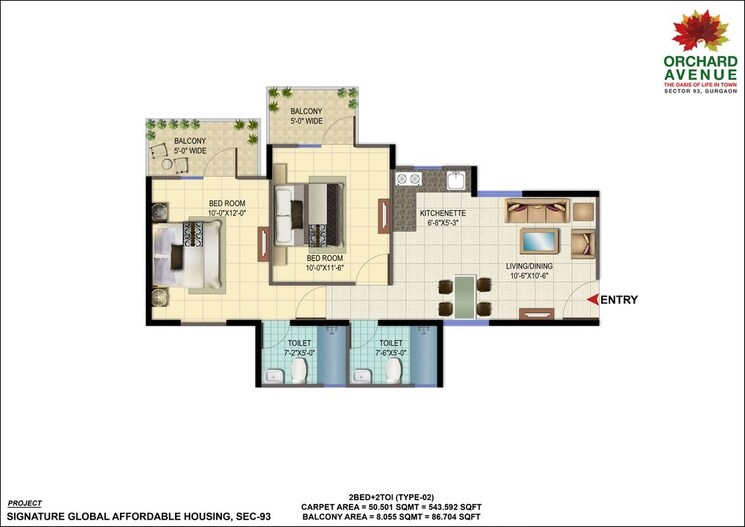 Floor Plan, signature-global-orchard-avenue 2 Bedroom 900 Sq.Ft. Apartment In Sector 93 Gurgaon 9254497