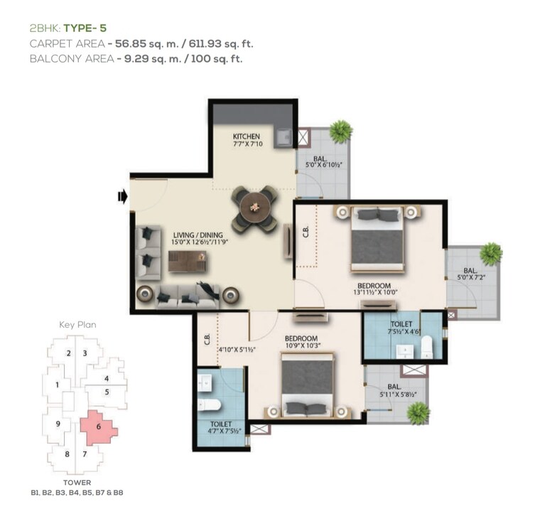 Floor Plan, suncity-avenue-76 2 Bedroom 735 Sq.Ft. Apartment In Sector 76 Gurgaon 9254548