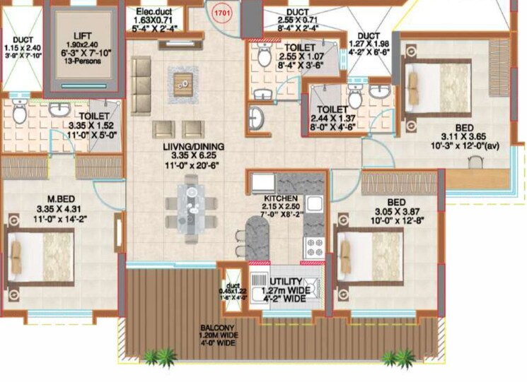 Floor Plan, ahad-serenity 3 Bedroom 1648 Sq.Ft. Apartment In Rayasandra Bangalore 9259612