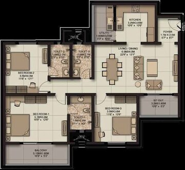 Floor Plan in 1.5 BHK Apartment at Sobha Habitech, Whitefield – for Rent