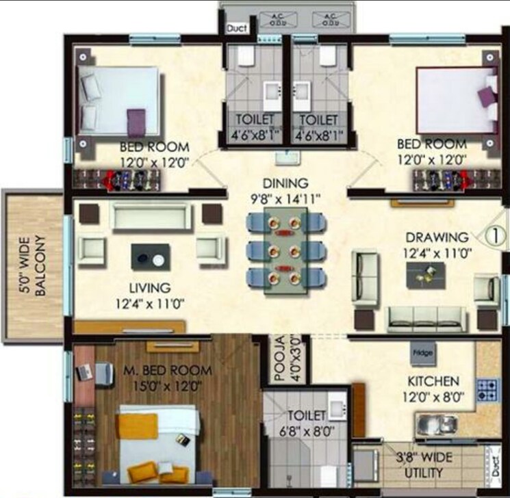 Floor Plan, tellapur 3 Bedroom 1725 Sq.Ft. Apartment In Tellapur Hyderabad 9265261