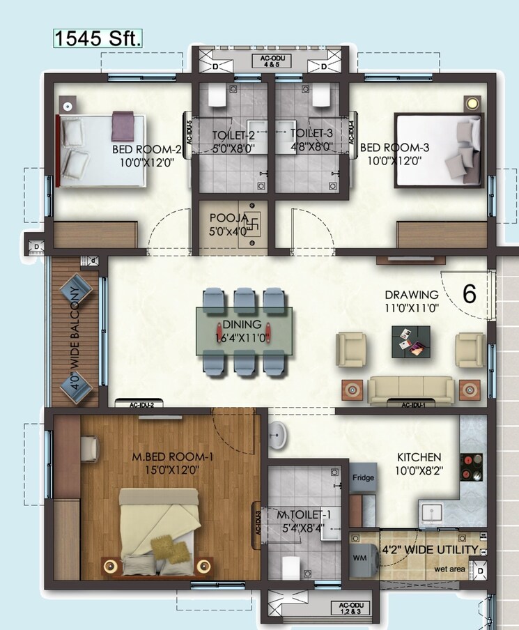 Floor Plan, honer-aquantis 3 Bedroom 1545 Sq.Ft. Apartment In Gopanpally Hyderabad 9266840