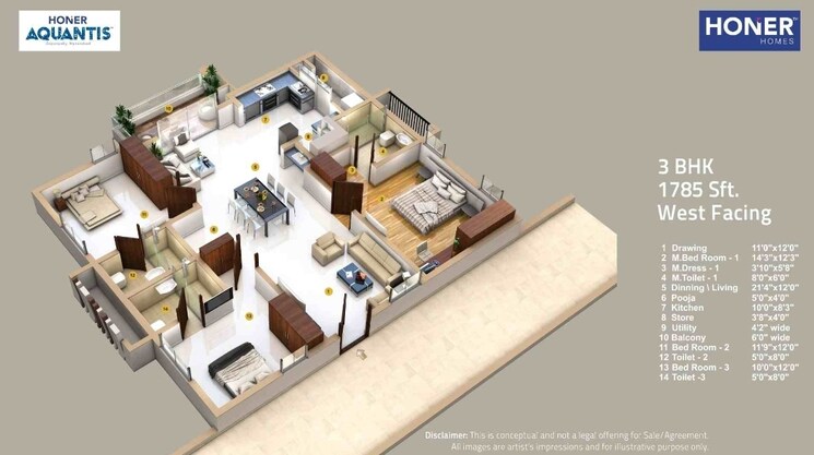 Floor Plan, honer-aquantis 3 Bedroom 1785 Sq.Ft. Apartment In Gopanpally Hyderabad 9267218