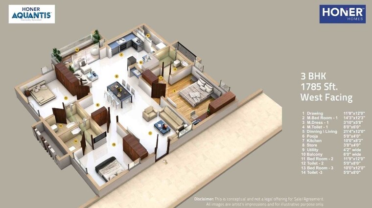 Floor Plan, honer-aquantis 3 Bedroom 1785 Sq.Ft. Apartment In Gopanpally Hyderabad 9267218