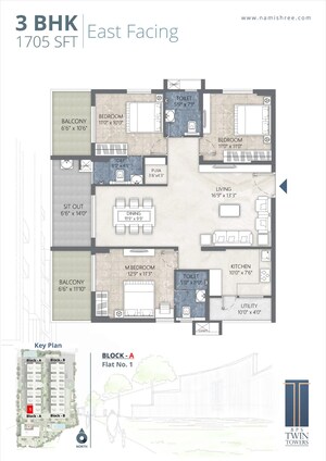 Floor Plan in 3 BHK Apartment at Namishree BPS Twin Towers, Saidabad – for Sale
