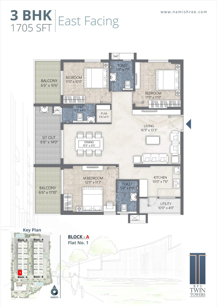 Floor Plan, namishree-bps-twin-towers 3 Bedroom 1705 Sq.Ft. Apartment In Saidabad Hyderabad 9261210