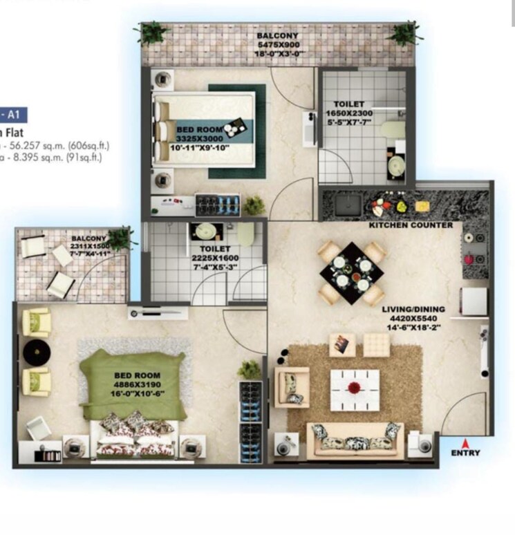 Floor Plan, unitech-uniworld-gardens-2 3 Bedroom 1355 Sq.Ft. Apartment In Sector 47 Gurgaon 9272837