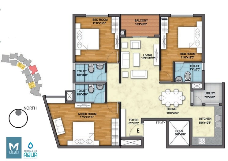Floor Plan, monarch-aqua 3 Bedroom 1619 Sq.Ft. Apartment In Kr Puram Bangalore 9275471