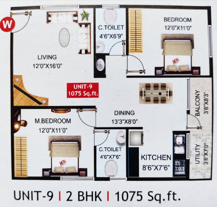 Floor Plan, druva-daffodils 2 Bedroom 1075 Sq.Ft. Apartment In Whitefield Bangalore 9275486