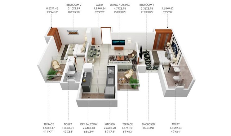 Floor Plan, pyramid-atlante 2 Bedroom 587 Sq.Ft. Apartment In Tathawade Pune 9276200