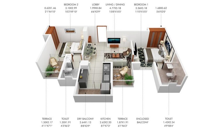 Floor Plan, pyramid-atlante 2 Bedroom 587 Sq.Ft. Apartment In Tathawade Pune 9276200