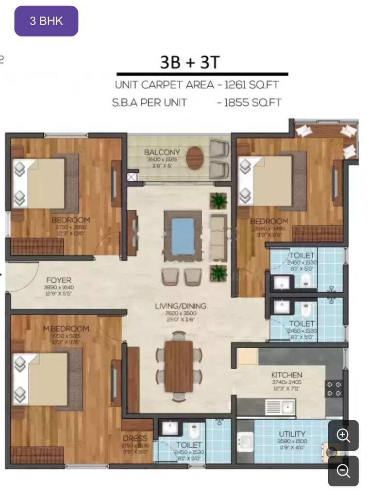 Floor Plan, bollineni-bion 3 Bedroom 1289 Sq.Ft. Apartment In Kothaguda Hyderabad 9278862