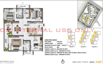 Floor Plan in 3 BHK Apartment at Prestige Beverly Hills, Kokapet – for Rent