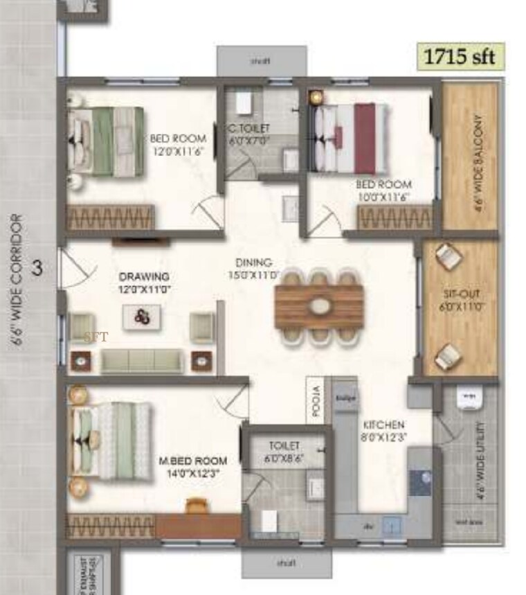 Floor Plan, lansum-el-palacio 3 Bedroom 1715 Sq.Ft. Apartment In Puppalaguda Hyderabad 9285802