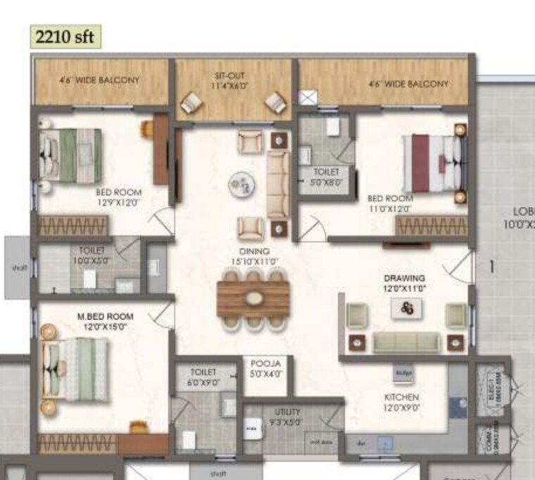 Floor Plan, lansum-el-palacio 3 Bedroom 2210 Sq.Ft. Apartment In Puppalaguda Hyderabad 9285845
