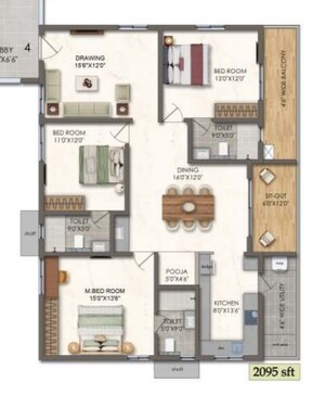 Floor Plan in 3 BHK Apartment at Lansum EL Palacio, Puppalaguda – for Sale
