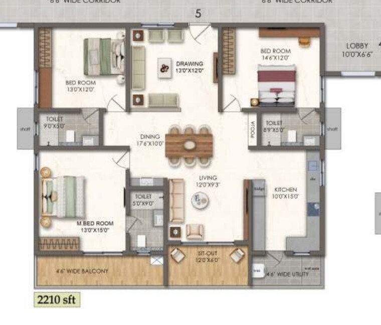 Floor Plan, lansum-el-palacio 3 Bedroom 2210 Sq.Ft. Apartment In Puppalaguda Hyderabad 9285911