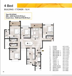 Floor Plan in 4 BHK Apartment at Avalon Park At The Prestige City, Sarjapur Road – for Rent