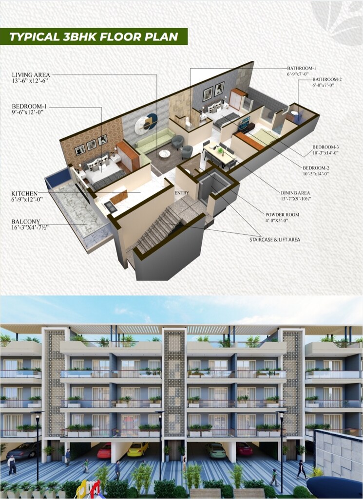 Floor Plan, vip road 3 Bedroom 1300 Sq.Ft. Builder Floor In Vip Road Zirakpur 9289518
