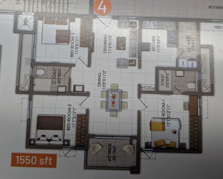 Floor Plan, rajapushpa-imperia 3 Bedroom 1550 Sq.Ft. Apartment In Tellapur Hyderabad 9293213