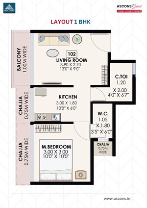 Floor Plan in 1 BHK Apartment at Ascons Garnet, Dapoli – for Sale