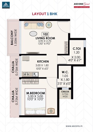 Floor Plan in 1 BHK Apartment at Ascons Garnet, Dapoli – for Sale