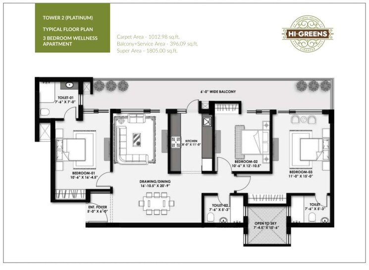 Floor Plan, mrs-hi-greens 3 Bedroom 1013 Sq.Ft. Apartment In Kishanpura Zirakpur 9304373
