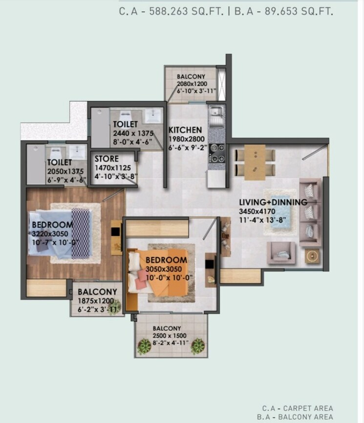 Floor Plan, signature-global-proxima 2 Bedroom 685 Sq.Ft. Apartment In Sector 89 Gurgaon 9304798