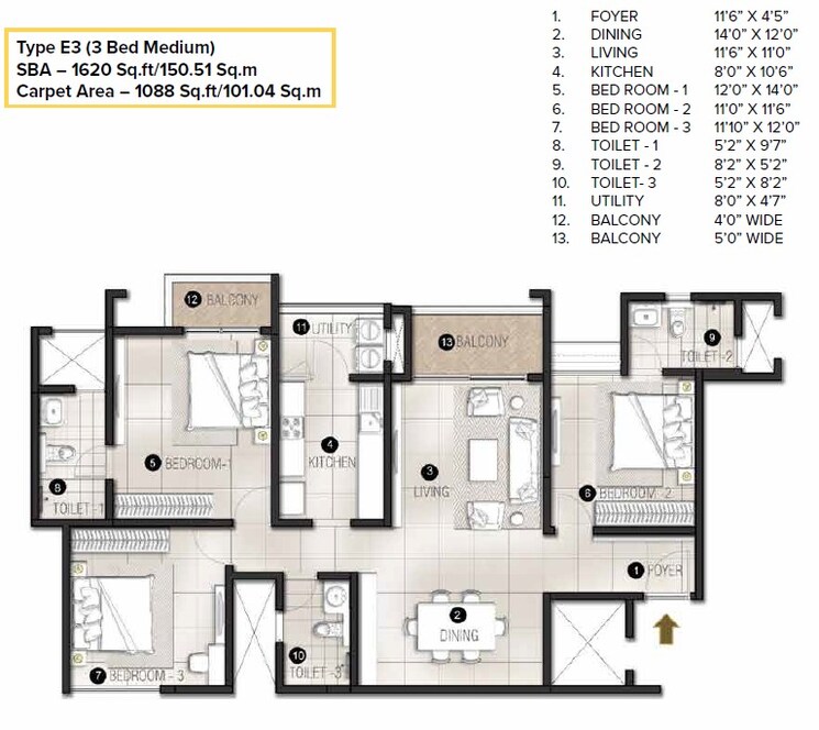 Floor Plan, avalon-park-at-the-prestige-city 3 Bedroom 1620 Sq.Ft. Apartment In Sarjapur Road Bangalore 9307162
