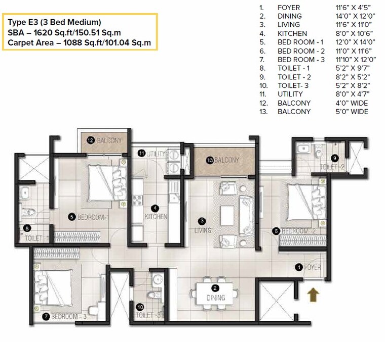 Floor Plan, avalon-park-at-the-prestige-city 3 Bedroom 1620 Sq.Ft. Apartment In Sarjapur Road Bangalore 9307162