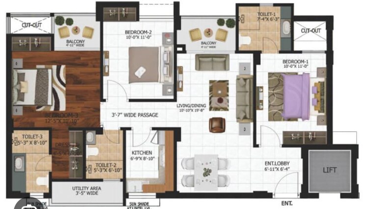 Floor Plan, shalimar-mannat 3 Bedroom 1400 Sq.Ft. Apartment In Faizabad Road Lucknow 9307638